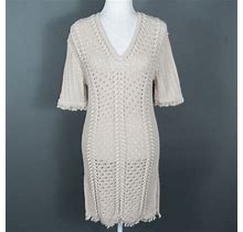 Minnie Rose Beige Cotton Ribbed Braided Knit Frayed Hem Sweater Dress