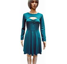 Lilyroseteal Blue Knee Length Ribbed Knit Dress Long Sleeve Front Cut Out Size L