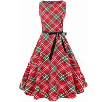 Christmas Plaid Sleeveless Swing Dress Red,XXL