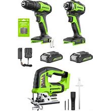 Greenworks New 24V Carpentry 3 Power Tool, Brushless Drill Driver Combo Kit With Two 2Ah Batteries & Charger