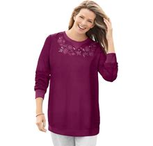 Plus Size Women's Fleece Sweatshirt By Woman Within In Deep Claret Floral Embroidery (Size 5X)