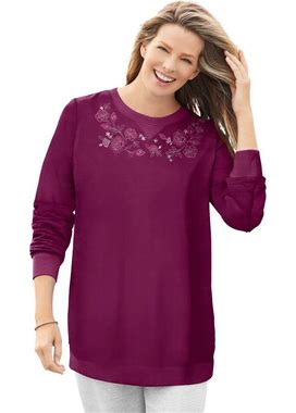 Plus Size Women's Fleece Sweatshirt By Woman Within In Deep Claret Floral Embroidery (Size 1X)