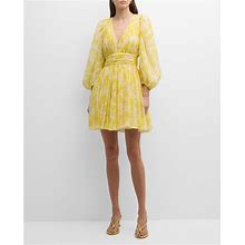 Giambattista Valli Floral-Print Balloon-Sleeve Silk Georgette Mini Dress, Yellow Hydrangea, Women's, 10, Satin & Silk Dresses