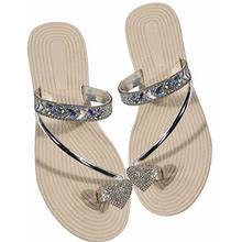 Jeashchat Women's Flat Sandals Rhinestone Split-Toe Arch Support Strappy Slide Sandals Soft Sole Slippers Beach Sandals Flip Flops