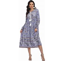 Vintageclothing Women's Long Sleeve Bohemian Midi Dresses Summer Floral Retro V Neck Tassel Casual Dress