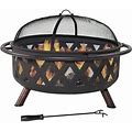 Black Crossweave Outdoor Fire Pit - 36-Inch Heavy-Duty Wood-Burning Fire Pit With Spark Screen For Patio & Backyard Bonfires - Includes Poker & Round