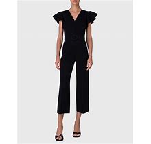 Akris Punto Wing-Sleeve Belted Straight-Leg Ankle Jumpsuit, Black, Women's, 10, Jumpsuits & Rompers Jumpsuits