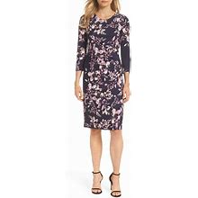 Eliza J Dresses | Eliza J Floral Print Ruched Sheath Dress Scoop Neck Midi 3/4 Sleeve Navy Purple | Color: Pink/Purple | Size: 8