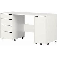 South Shore 58.12 in. Pure White Rectangular 4 -Drawer Writing Desk With Casters 7550728 ,