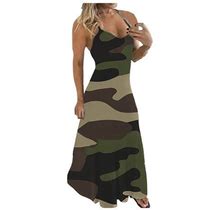 Nechology Dressy Fall Dresses For Women V-Collar Plus Women's Ladies Long Sleeveless Dress Camouflage Size Dress With Pockets Long Dress Green Medium
