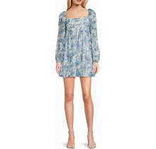 City Vibe Long Sleeve Square Neck Floral Printed Easter Dress, Womens, Juniors, XS, Ivory/Blue