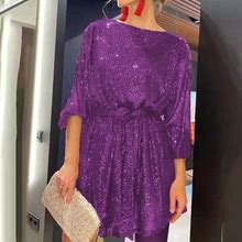 Finelylove Casual Dresses Petite Maxi Dresses V-Neck Solid Long Sleeve Mini Purple