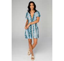 Buddylove Clothing Label Blue Alba Ruffled Sleeve Short Dress - Aquamarine - Snake Skin Extra Small