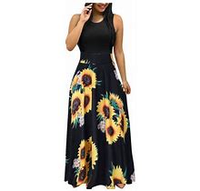 Yubnlvae Dresses For Women Summer Sleeveless Floral Print Sundress Casual Swing Dress Maxi Dress - Black M