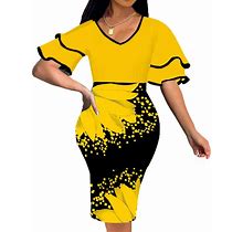 Visichenup Sexy Dress For Women Crew Neck Elegant Ruffles Sleeve Pencil African Church Dresses