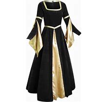 Elegant Medieval Renaissance Long Sleeve Dress With Golden Velvet Print2 Black M