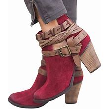 Women's Cutout Chunky Block Stacked Heels Booties Buckle Strap Western Cowboy Ankle Dress Boots (Red, US:8)