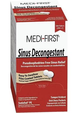 Medi-First Sinus Decongestant: Tablet, 250 X 1, Box/Wrapped Packets, Unflavored, 250 PK [PK/250] Model: 80948