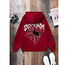 Teen Girl Spider Web & Letter Graphic Thermal Lined Hoodie,16Y