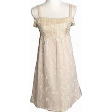 Left Of Center Dresses | Anthropologie Left Of Center Embroidered Ruffle Double Lined Silk Dress Size 10 | Color: Cream/Tan | Size: 10