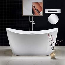 WOODBRIDGE 59" Acrylic Freestanding Bathtub Contemporary Soaking White Tub With Chrome Overflow And Drainbta1516-C-Drain-&O