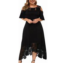 Womens Casual Plus Size Ruffle Strapless Splicing Lace Splicing Short Sleeve Dress Summer Sexy Boho Floral Sundresses Wedding Guest Graduation Prom Fo