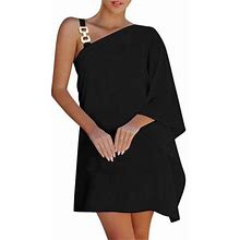 Sayhi Tea Length Evening Dresses Summer Dress For Women One Shoulder Half Bat Sleeve Solid Casual Dresses Loose