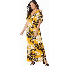 Plus Size Women's Stretch Knit Cold Shoulder Maxi Dress By Jessica London In Sunset Yellow Graphic Floral (Size 36 W)