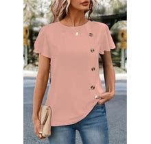 Rotita Women's Pink Mature Tops Button Round Neck Short Sleeve T Shirt - Xxl