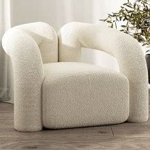 Japandi White Boucle Accent Chair Shaggy Armchair For Living Room