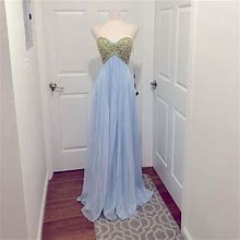 La Femme Dresses | Nwt La Femme Strapless Pale Blue Dress, Gold Beadwork, Empire Waist | Color: Blue/Gold | Size: 6