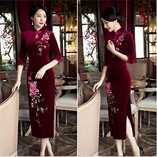 Lady Floral Embroidered Cheongsam Velvet Qipao Dress Wedding Party