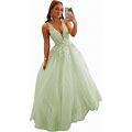 Women's Tulle Prom Dresses With 3D Flower V Neck Lace Applique Ball Gowns Spaghetti Strap Long Formal Evening Gowns