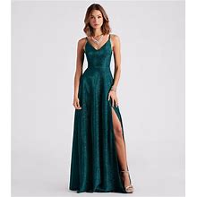 Windsor Mckenna Formal Glitter A-Line Dress In Emerald | Size: 5 | Knit Fabric/Woven Fabric