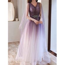 Summer Elegant V Neck Popular Shiny Fairy Gradient Purple Tulle Dress New Style Prom Party Dress Evening Bridesmaid Dress Ribbon Gown
