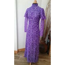 Vintage Late 1960S Early 1970 Empire Line Maxi Dress By Peterson Maid Of London, Period Purple Giant Paisley, UK Size 6 - 8, Long Sleeves,
