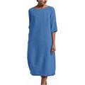 Lovskoo Cotton Linen Midi Dress For Women Summer Half Sleeve Solid Dresses Trendy Round Neck Loose Mid Calf Long Dress Blue