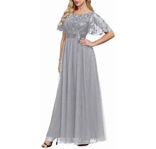 Mgoohoen Summer Wedding Guest Dresses Tunic Sequin Prom Gown Evening Crew Neck Pleated Elegant Short Sleeve Long Maxi Grey-M Dress
