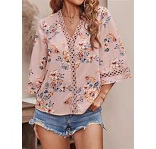 Women's Floral Bell Sleeve Lace V-Neck Blouse Top Pink / XXL