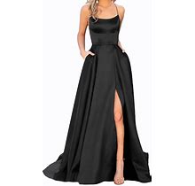 ZLQQ Split Formal Evening Gowns Spaghetti Straps Satin Prom Dresses Long With Pockets Womens