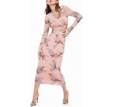 AFRM Janet Floral Cutout Long Sleeve Mesh Midi Dress - Pink - Casual Dresses Size Large