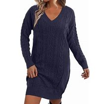 Gdreda Womens Petite Dresses Women V Neck Long Sleeve Cable Knit Sweater Dress Loose Oversized Pullover Dress Blue,XL