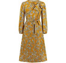 Weaiximiung Trendy Women's Long Pleated Long Sleeve Floral Dress Vintage Bow Tie Maxi Dress Wedding Guest Dresses For Women Midi One Shoulder L Yellow