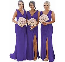 Purple Bridesmaid Dresses,V Neck Chiffon Bridesmaid Dresses Long With Slit Ruched Formal Dress For Wedding Size 22