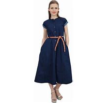 Bimba Navy Blue Women's Denim Solid Mid Calf A-Line Dress With Tie Waist Dori - 6