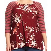 Women Plus Size Striped Sleeve Floral Printed Jersey Tunic Knit Top Tee Burgundy Brown 1XL B4991 BNY Corner