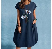 Qleicom Women Dresses Casual Short Sleeve T Shirt Dresses Plus Size Floral Print Knee Length Dress Summer Cotton And Linen Crewneck Loose Dress With P