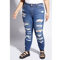 Rue21 Plus Dark Wash Ripped Comfort Stretch Mom Jeans For Women, Size: 22, Solid
