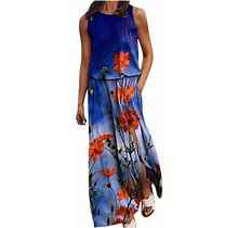 Ussuma Beach Dresses For Women Casual Summer Side Split Ruffle Long Maxi Sun Dress Floral Print Sleeveless Plus Sundresses Round Neckline Vacation Dre