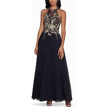 Betsy & Adam Women's Petite Long Embroidered Halter Chiffon Gown